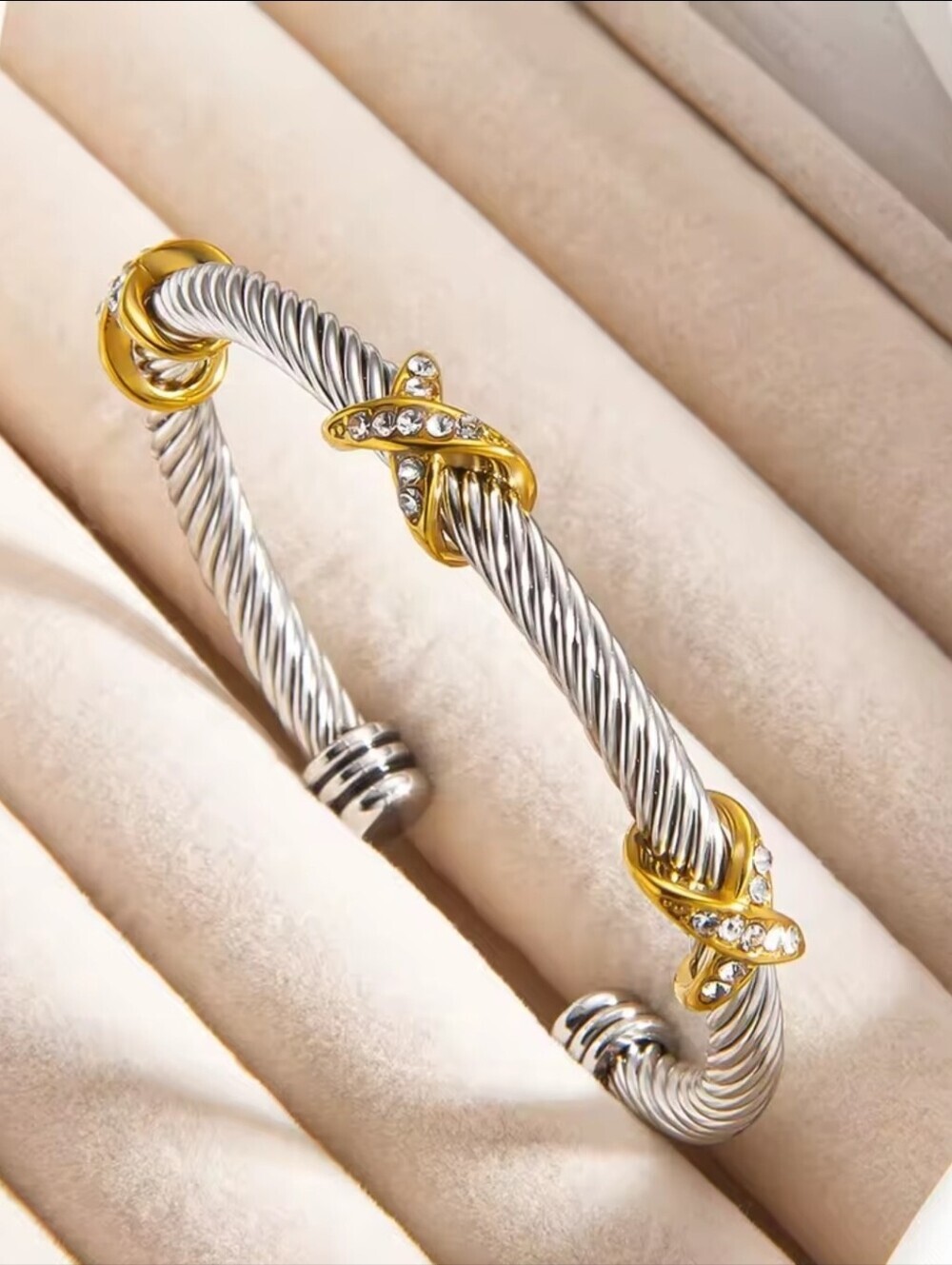 Two-Tone Silver Cable Cuff with Gold Knot Accents - Picture 4 of 4